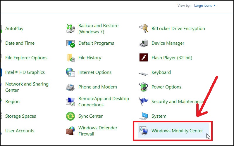 Chọn mục Windows mobility center