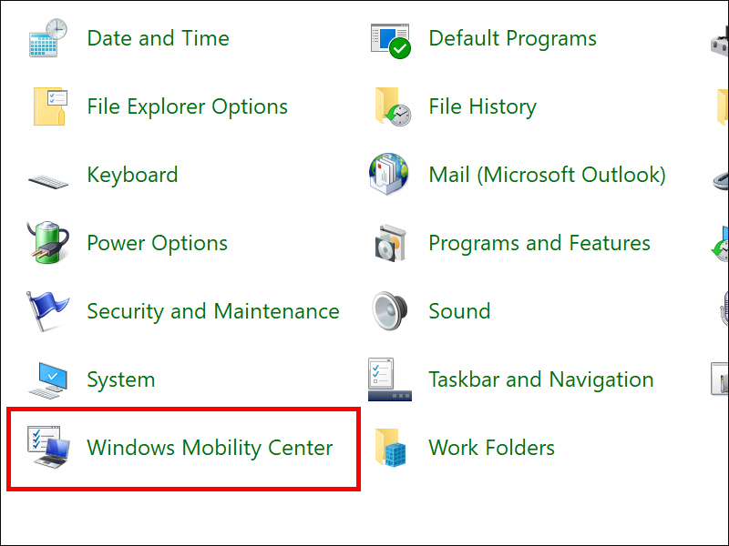Chọn mục Windows Mobility Center