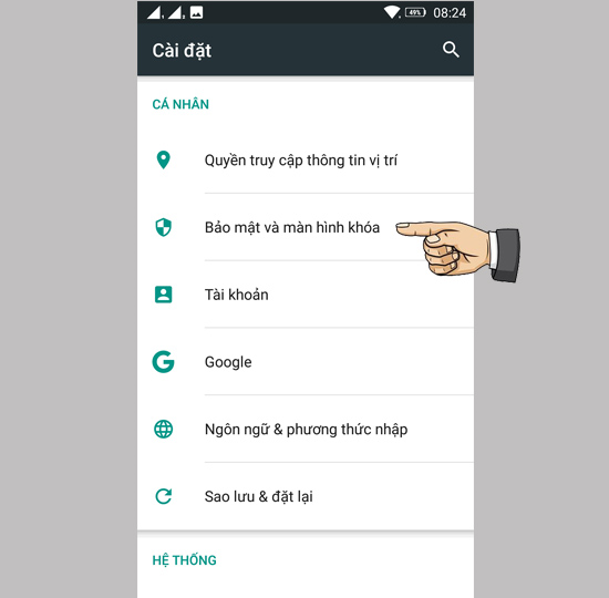 chọn Bảo mật và màn hình khóa