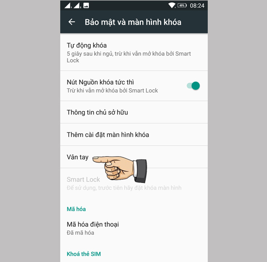 Bước 2: Chọn Vân tay