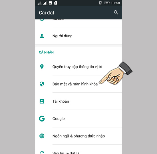 chọn Bảo mật và màn hình khóa