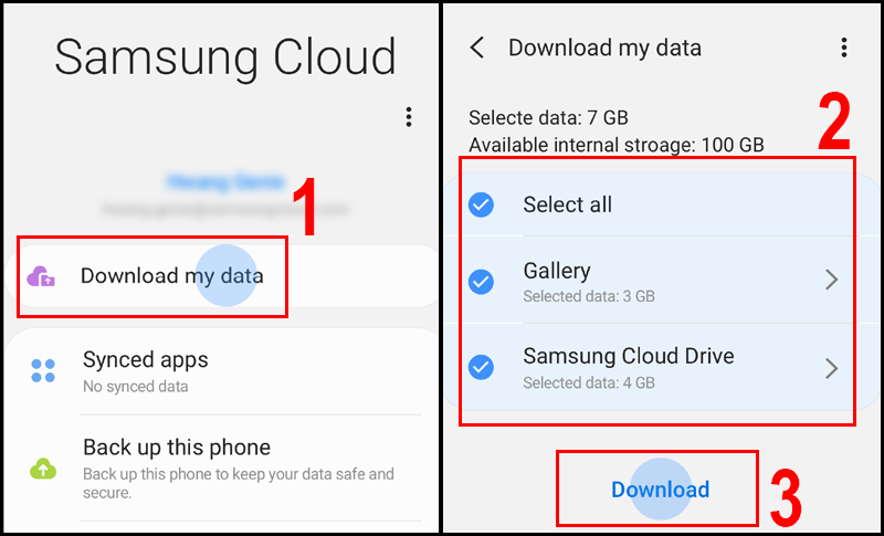Thao tác tải dữ liệu từ Samsung Cloud xuống