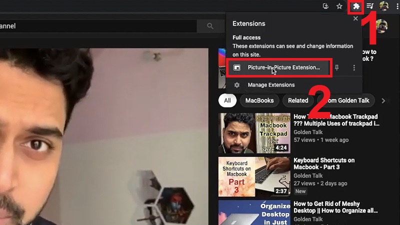 Nhấn v&agrave;o biểu tượng mảnh gh&eacute;p ở g&oacute;c tr&ecirc;n b&ecirc;n phải Google Chrome v&agrave; chọn Picture-in-Picture Extension