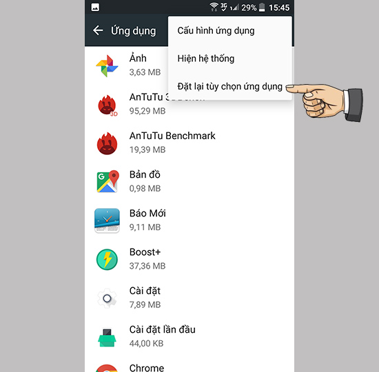 Đặt lại tùy chọn ứng dụng