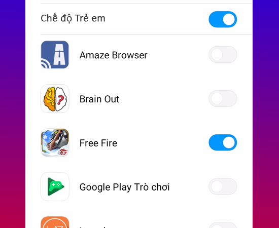 Kích hoạt chế độ trẻ em và chọn ứng dụng muốn đặt chế độ trẻ em