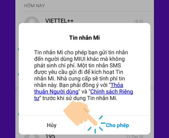 Cấp quyền cho phép tin nhắn Mi