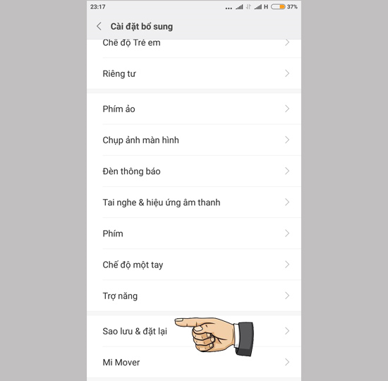 Vào sao lưu và đặt lại