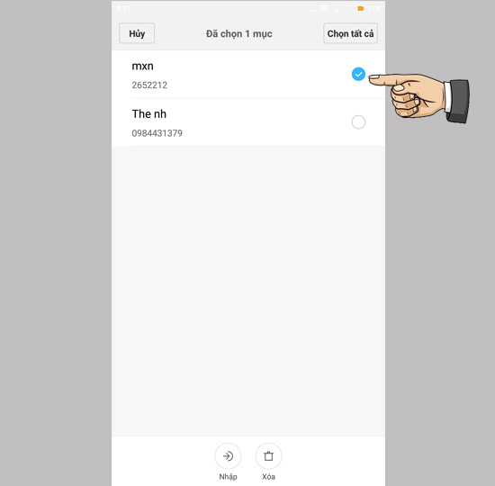 Đánh dấu chọn danh bạ cần nhập