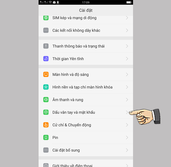chọn Dấu vân tay và mật khẩu