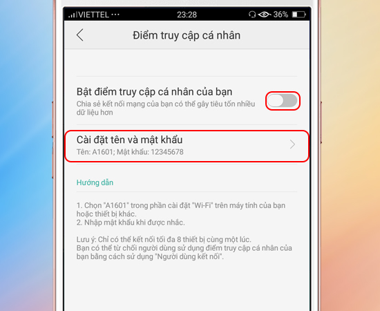 Bước 4: Tại đây bạn Bật điểm truy cập cá nhân lên, sau đó bạn vào Cài đặt tên và mật khẩu.