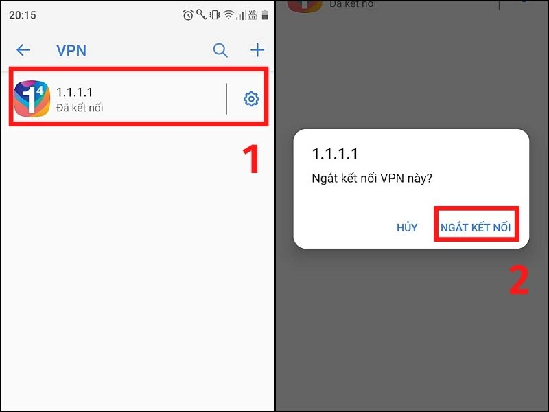  Chọn vào ứng dụng đang kết nối VPN  Ngắt kết nối