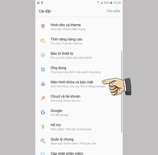 chọn Màn hình khóa và bảo mật