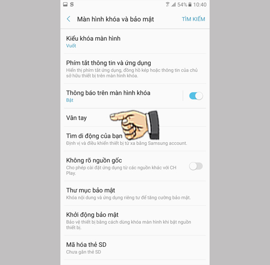 Bước 2: Chọn Vân tay