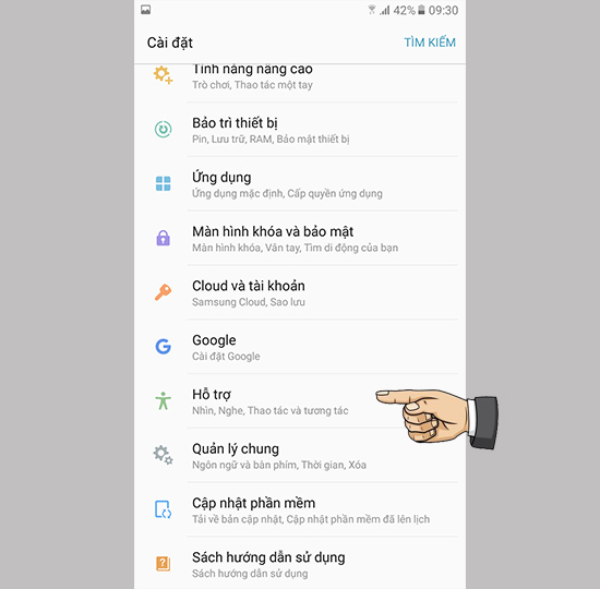 Cài đặt >> hỗ trợ