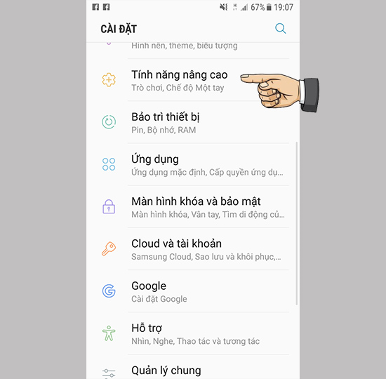 Cài đặt >> Tính năng nâng cao