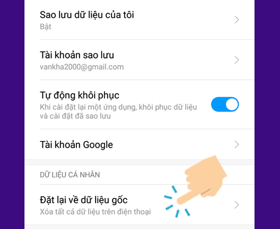 Chọn Đặt về dữ liệu gốc