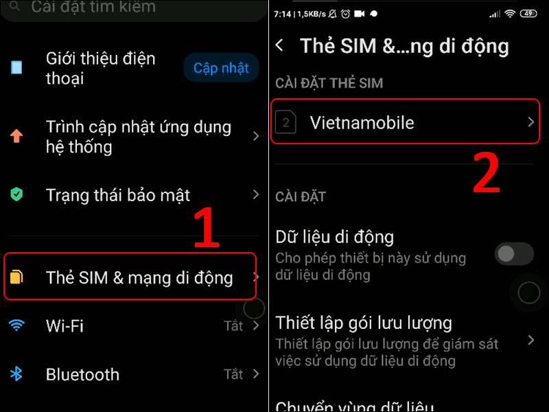 Vào cài đặt thẻ SIM