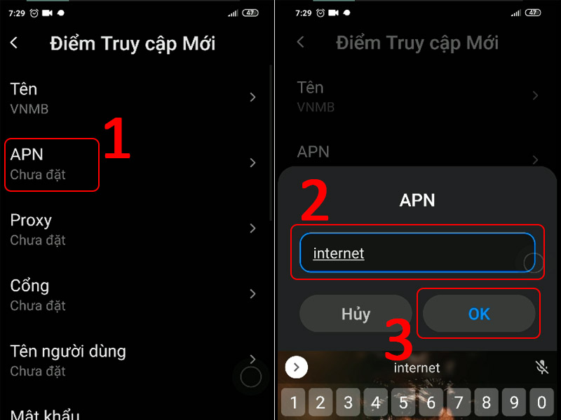 Nhập APN của nhà mạng