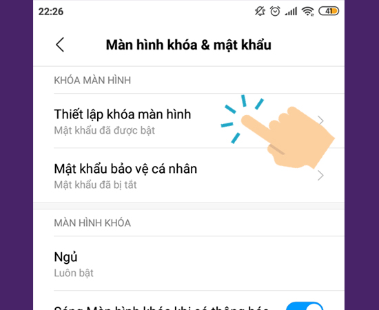  v&agrave;o Thiết lập kh&oacute;a m&agrave;n h&igrave;nh