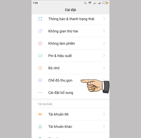 Vào cài đặt chế độ thu gọn