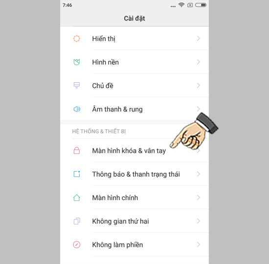 chọn Màn hình khóa & Vân tay