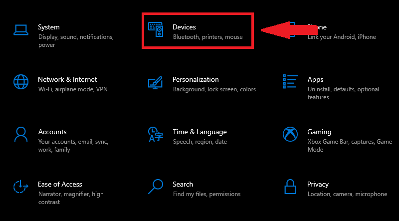 Chọn mục Devices trong mục Settings