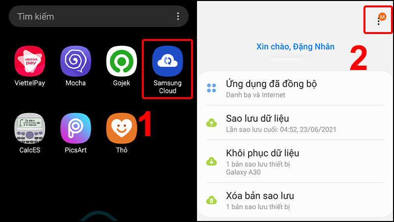 Vào Samsung Cloud và chọn biểu tượng ba chấm