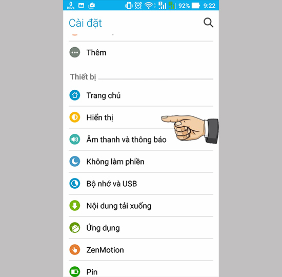 Cài đặt >> Hiển thị