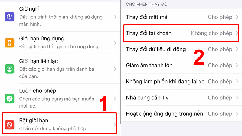 Vào Bật giới hạn và chọn Thay đổi tài khoản