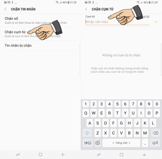 Bước 5: Nhập số điện thoại muốn chặn hoặc chọn từ hộp thư đến, danh bạ.
