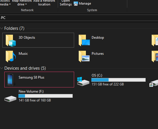 Bước 2: Chọn bộ nhớ thiết bị bằng nhấn tổ hợp phím Windows + E hoặc chọn vào biểu tượng my computer trên màn hình desktop. tiếp đó, bạn vào This PC sẽ thấy tên thiết bị của bạn S8 Plus hiện ra Bạn có thể sao chép dữ liệu từ máy tính qua điện thoại như một chiếc USB.