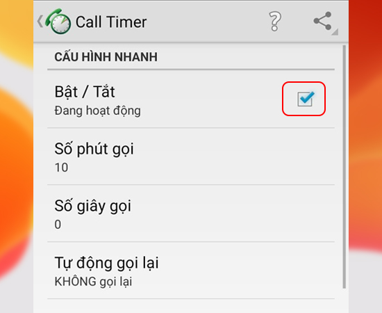 Bước 2: Sau đó bạn hãy bật Call Timer.