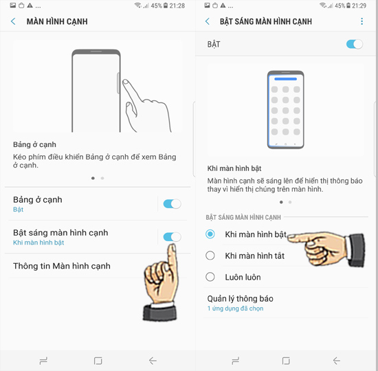 Bước 4: Bật Bật sáng màn hình cạnh