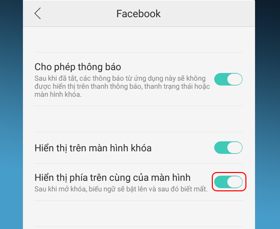 Bước 5: Cuối cùng bạn bật Hiển thị phía trên cùng của màn hình.