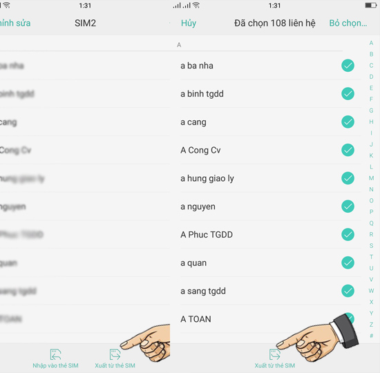 Chọn danh bạ trong sim để xuất sang máy