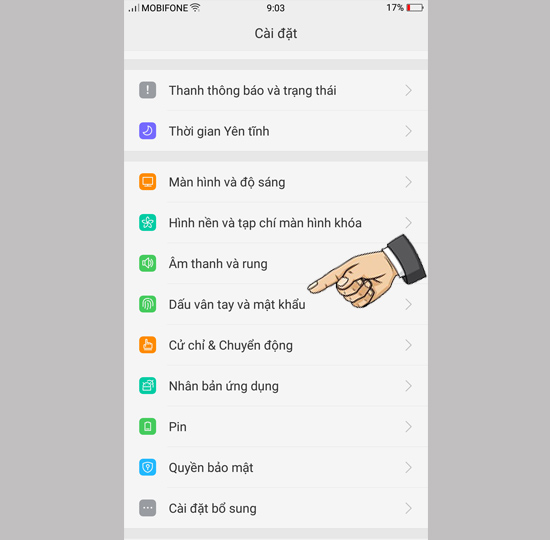 Vào cài đặt vân tay và mật khẩu