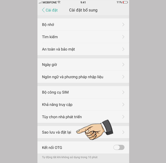 Chọn vào sao lưu và đặt lại