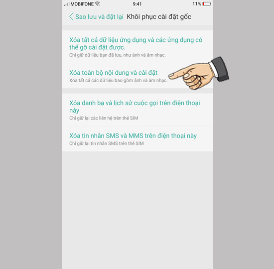 Xóa toàn bộ nội dung và cài đặt