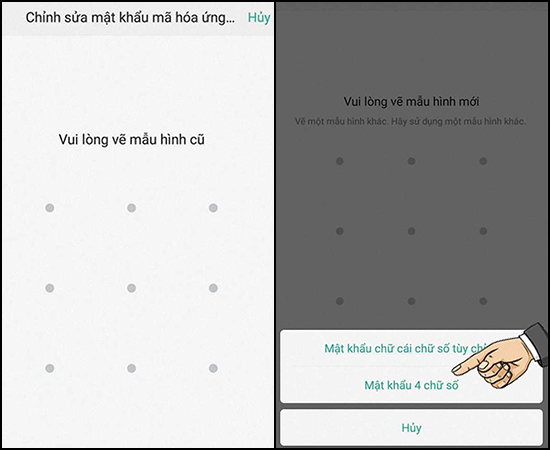 Nhập mã khóa cũ -> Nhập mã khóa mới