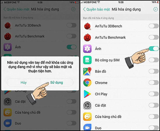 Chọn Sử dụng -> Bật ứng dụng Mã hóa