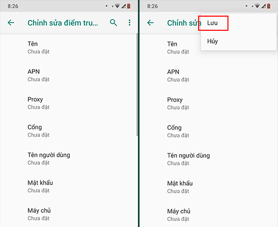 Bước 5: Nhập các thông số của nhà mạng đang dùng. Sau đó, chọn dấu ba chấm ở góc phải và xác nhận Lưu.