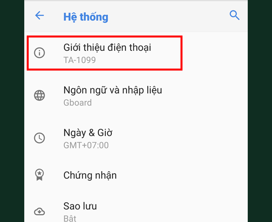 Bước 3: Chọn Giới thiệu điện thoại.