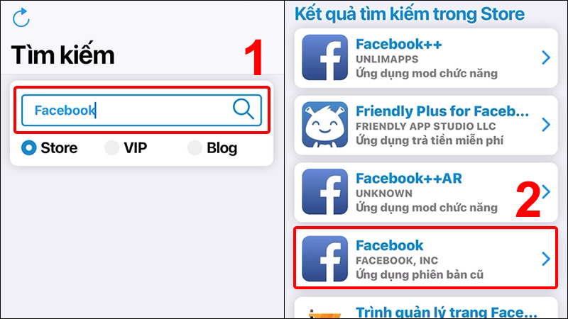 Tòm kiếm và chọn Facebook