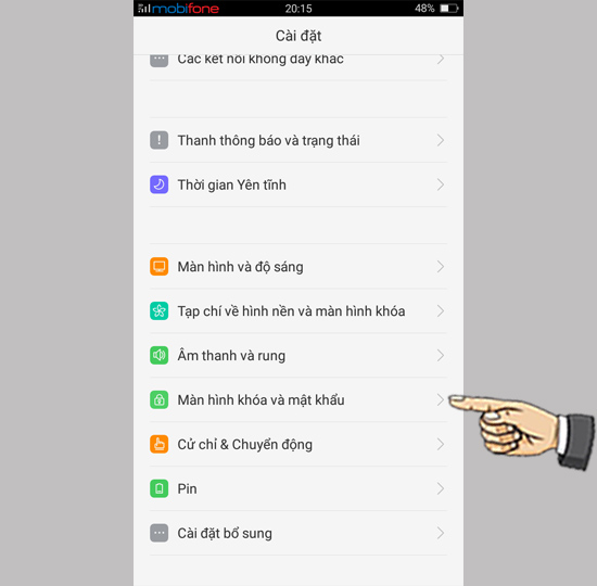 chọn Màn hình khóa và mật khẩu