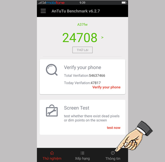 Bước 1: Mở ứng dụng Antutu và chọn Thông tin