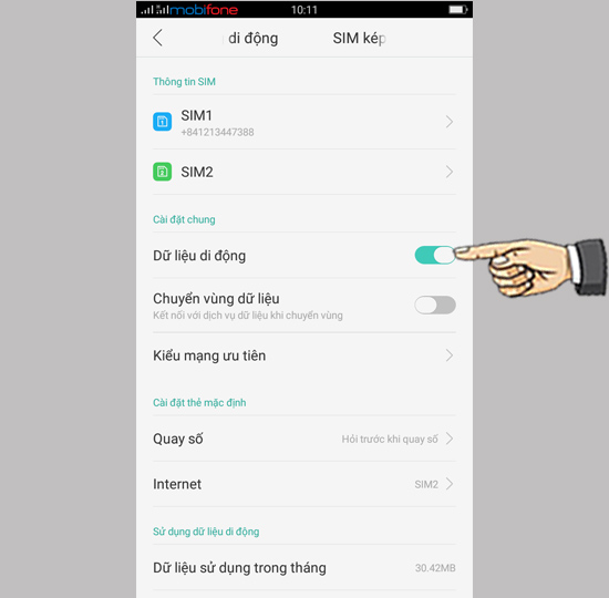 Bước 2: Bật Dữ liệu di động