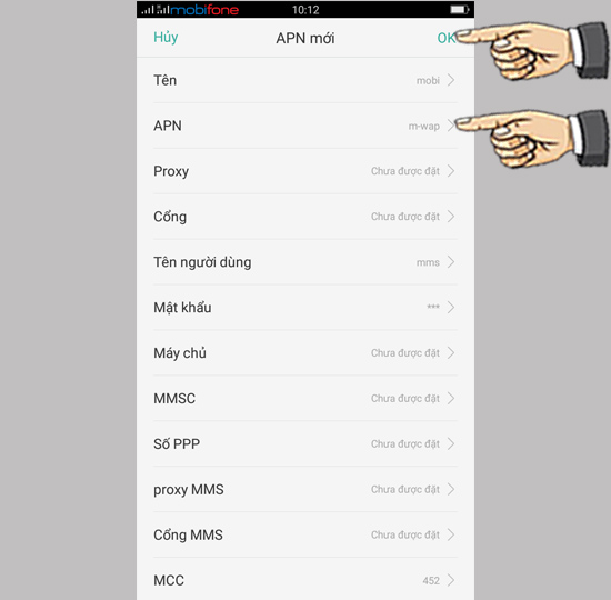 Bước 7: Nhập APN rồi chọn OK