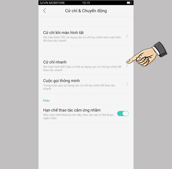 Bước 2: Chọn Cử chỉ nhanh