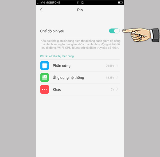 Bước 2: Bật chế độ pin yếu