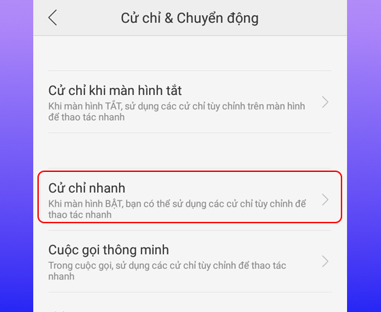 Chọn Cử chỉ nhanh